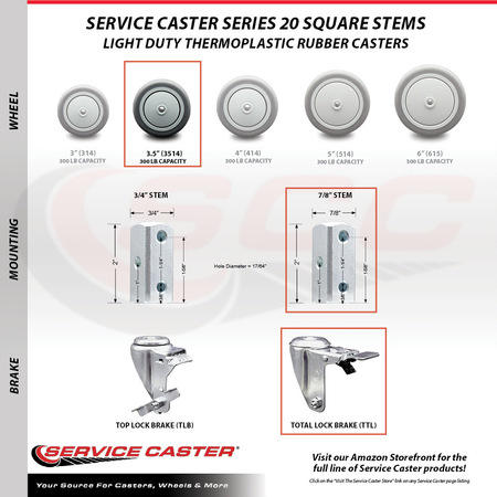 Service Caster 3.5 Inch Thermoplastic Rubber 7/8 Inch Square Stem Caster Total Lock Brake SCC SCC-SQTTL20S3514-TPRB-78